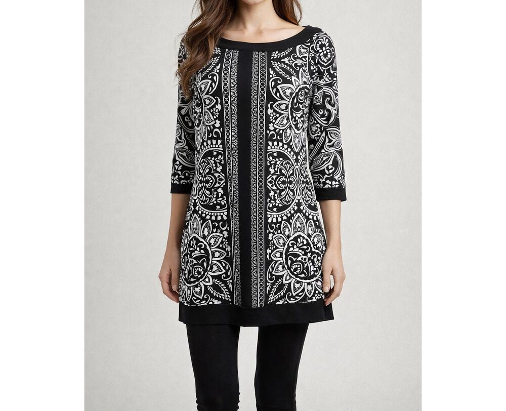 White House Black Market 3/4 Sleeve Floral Dress/Tunic Size S Black/White EUC